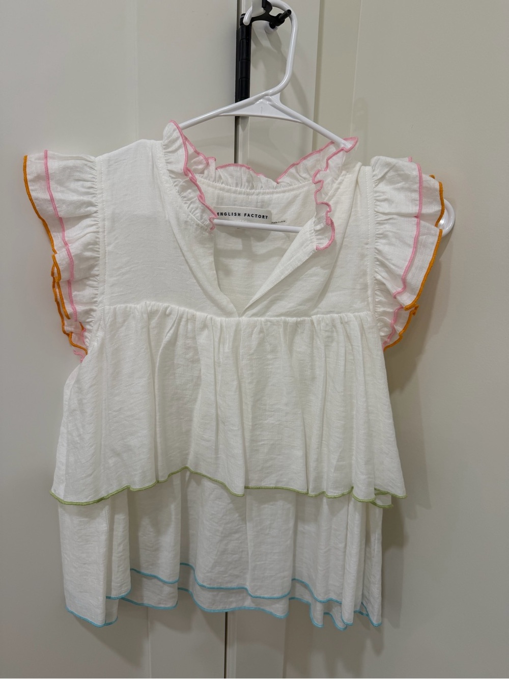 English Factory White Tiered Blouse with Multicolor Trim